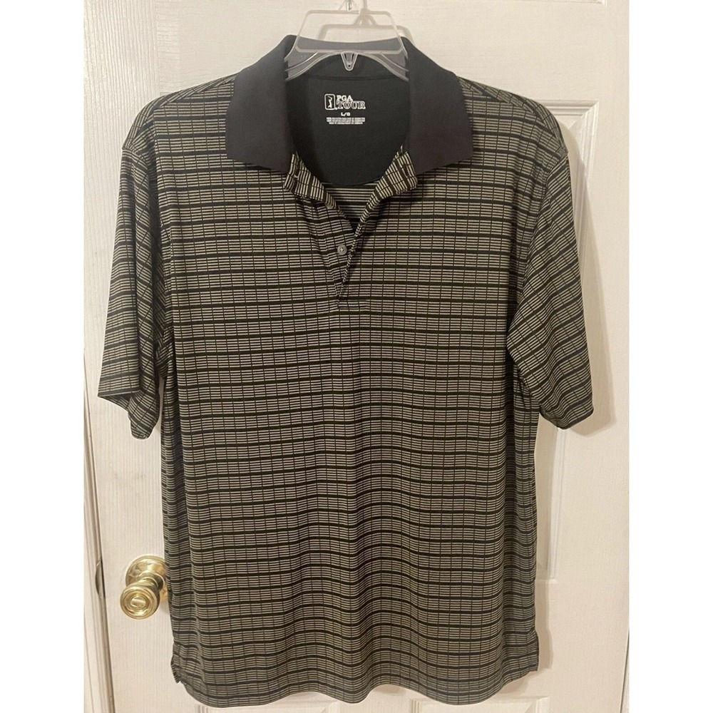 PGA Tour Size L Men's Golf Polo Striped Shirt Short Sleeve